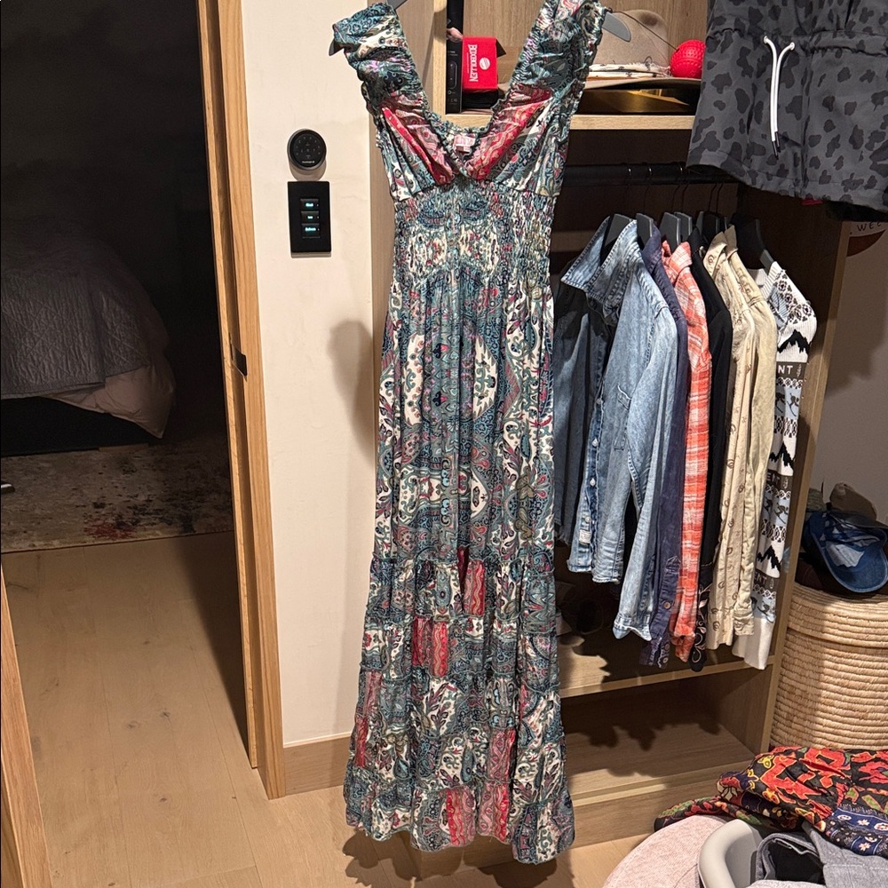 Smocked Maxi Dress in Teal & Coral Paisley